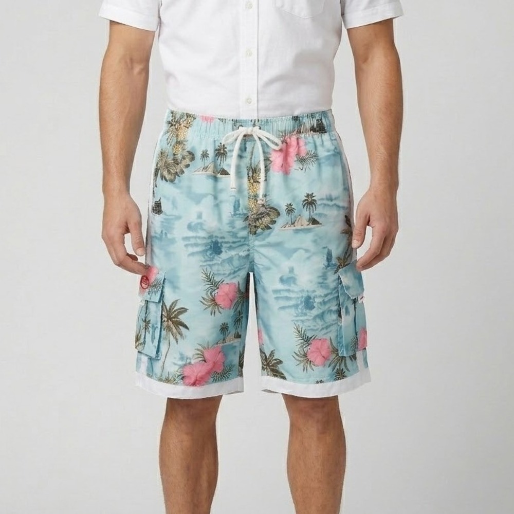 Ingear Mens Medium Tropical Hibiscus Cargo‎ Board Swim Shorts Mesh Liner EUC
